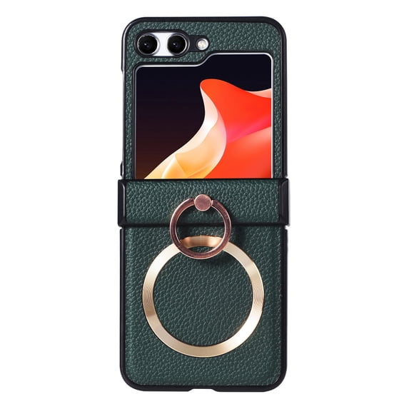 Dteck Magnetic Case for Samsung Galaxy Z Flip 6/Flip 7 FE,Shockproof Leather+PC Case Hinge Protection Compatible with MagSafe Ring Holder Stand Cover for Galaxy Z Flip 6/Flip 7 FE,Green