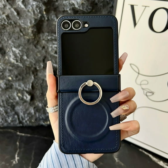 Dteck Magnetic Case for Samsung Galaxy Z Flip 6,Shockproof Ring Holder Stand Case Compatible with MagSafe Leather Hinge Protection Cover for Samsung Galaxy Z Flip 6,Blue