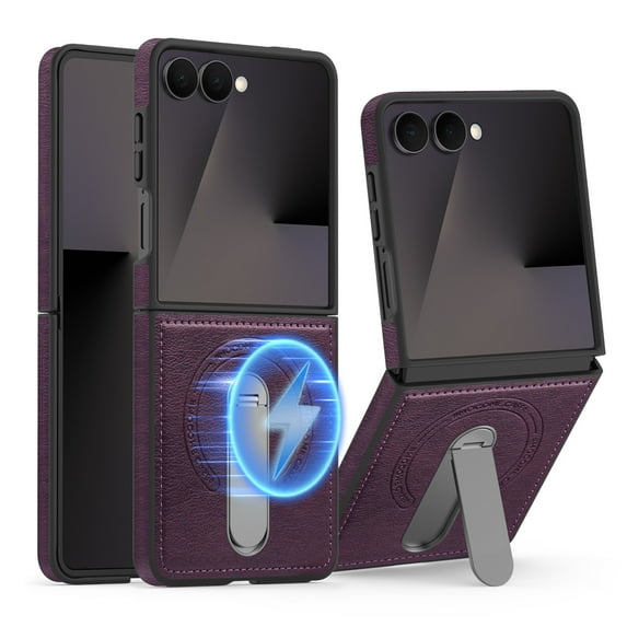Dteck Magnetic Case for Samsung Galaxy Z Flip 7 with Rotating Metal Stand, Compatible with MagSafe, Slim PU Leather Shockprood Phone Cover for Galaxy Z Flip 7,Purple