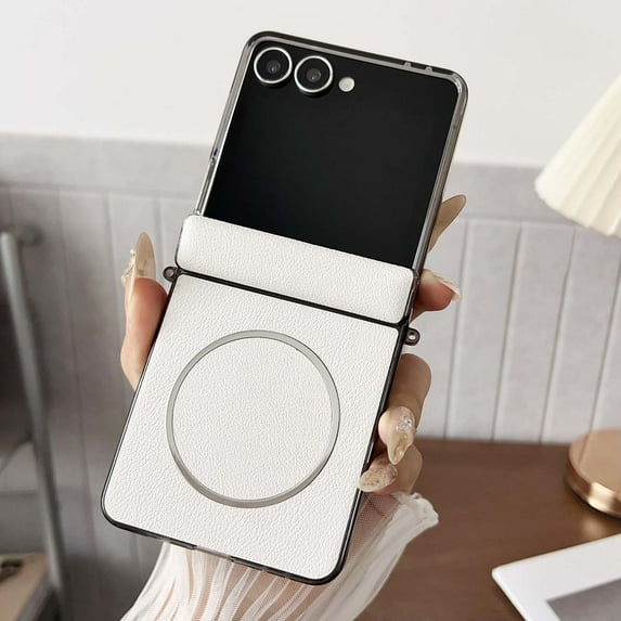 Dteck Magnetic Case for Samsung Galaxy Z Flip 7,Shockproof Leather Case Hinge Protection PC Compatible with Mag Safe Slim Cover for Galaxy Z Flip 7,White