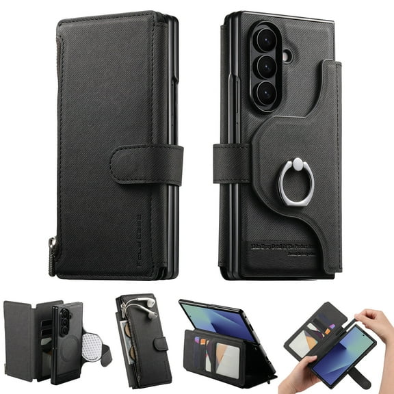 Dteck Magnetic Case for Samsung Galaxy Z Fold 3,Detachable Leather Card Slots Zipper Wallet Case Compatible with Mag Safe Ring Holder Kickstand Shockproof Cover,Black
