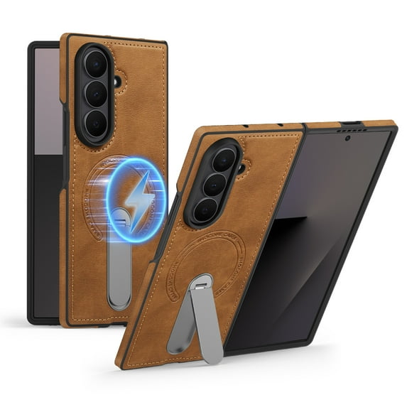 Dteck Magnetic Case for Samsung Galaxy Z Fold 3 with Rotating Metal Stand, Compatible with MagSafe, Slim PU Leather Shockprood Phone Cover for Galaxy Z Fold 3,Brown