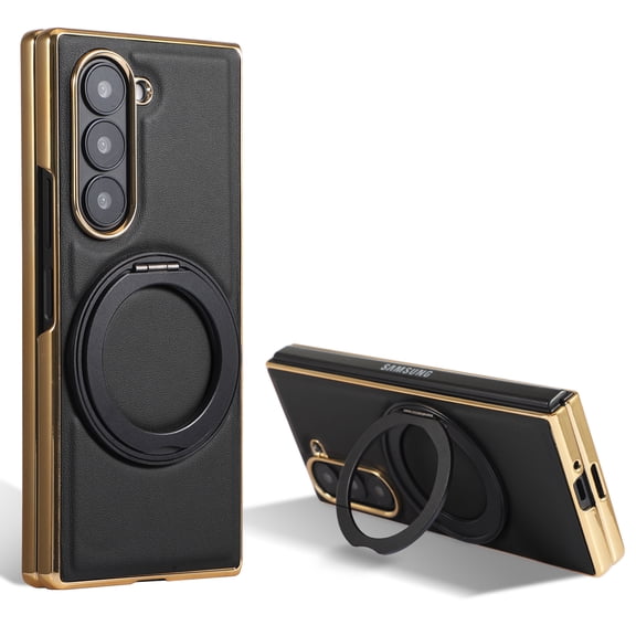 Dteck Magnetic Case for Samsung Galaxy Z Fold 3,Shockproof Leather Electroplated PC Frame Mag Safe Case with 360° Rotatable Kickstand Cover For Samsung Galaxy Z Fold 3,Black