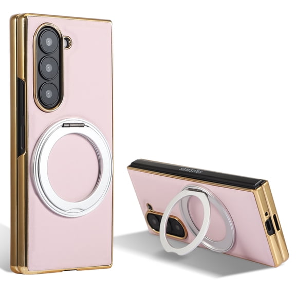Dteck Magnetic Case for Samsung Galaxy Z Fold 3,Shockproof Leather Electroplated PC Frame Mag Safe Case with 360° Rotatable Kickstand Cover For Samsung Galaxy Z Fold 3,Pink