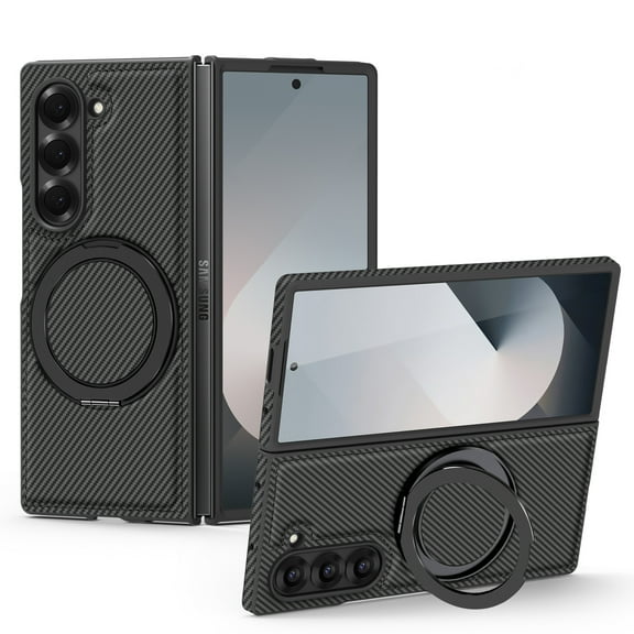 Dteck Magnetic Case for Samsung Galaxy Z Fold 5,Luxury Carbon Fiber Leather Compatible with Mag Safe Case with Ring Holder 360 Degree Adjustable Stand Slim Cover for Galaxy Z Fold 5,Black