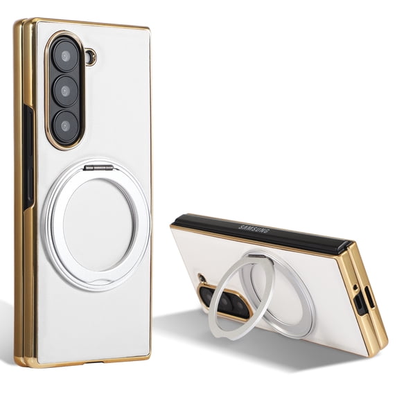 Dteck Magnetic Case for Samsung Galaxy Z Fold 5,Shockproof Leather Electroplated PC Frame Mag Safe Case with 360° Rotatable Kickstand Cover For Samsung Galaxy Z Fold 5,White