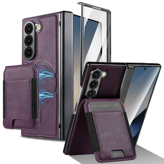 Dteck Magnetic Case for Samsung Galaxy Z Fold 6,Detachable Wallet Leather Card Holder Case Hinge Protection Built-in Screen Protector Compatible with Mag Safe Stand Cover for Galaxy Z Fold 6,Purple