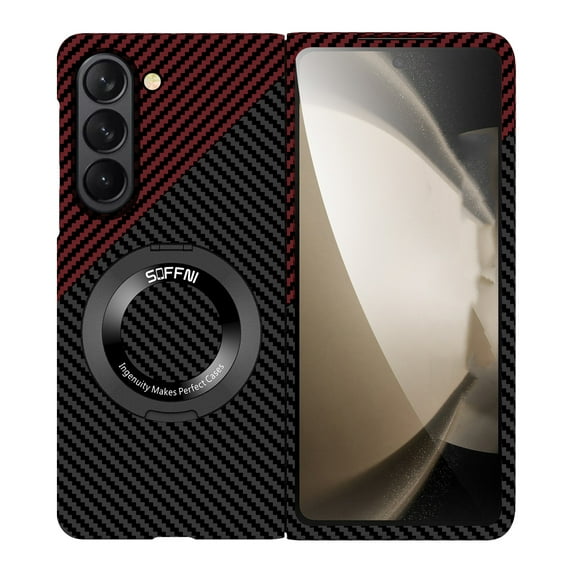 Dteck Magnetic Case for Samsung Galaxy Z Fold 6,Luxury Carbon Fiber Texture Case Compatible with MagSafe 360° Invisible Stand Cover for Galaxy Z Fold 6 5G,Blackred