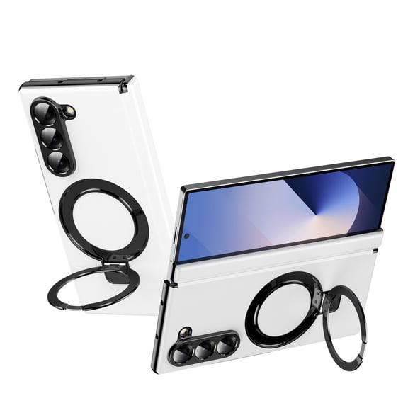 Dteck Magnetic Case for Samsung Galaxy Z Fold 6,Shockproof Leather Compatible with Mag Safe Hinge Protection PC Case Built-in Front Screen Protector Ring Stand Cover ,White
