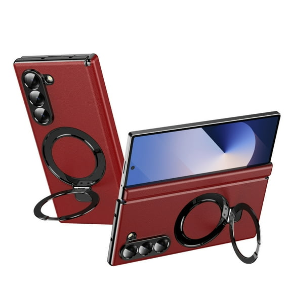 Dteck Magnetic Case for Samsung Galaxy Z Fold 6,Shockproof Leather Compatible with Mag Safe Hinge Protection PC Case Built-in Front Screen Protector Ring Stand Cover ,Red