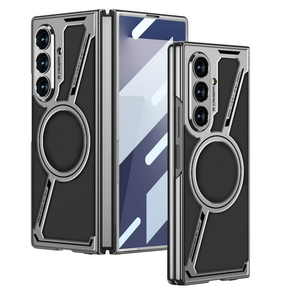 Dteck Magnetic Case for Samsung Galaxy Z Fold 7 ,Shockproof Leather + PC Case Built-in Front Screen Protector Compatible with Mag Safe Cover for Galaxy Z Fold 7,Black