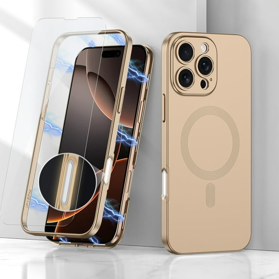 Dteck Magnetic Case with Screen Protector for iPhone 16 Pro Max,Shockproof Magnetic Adsorption Bumper Case PC Back Compatible with MagSafe Cover for iPhone 16 Pro Max,Gold