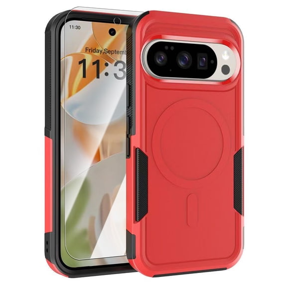 Dteck Magnetic Case with Tempered Glass Screen Protector for Google Pixel 10 /10 Pro,Shockproof TPU+PC Case Compatible with Mag Safe Back Cover for Google Pixel 10 /10 Pro,Red