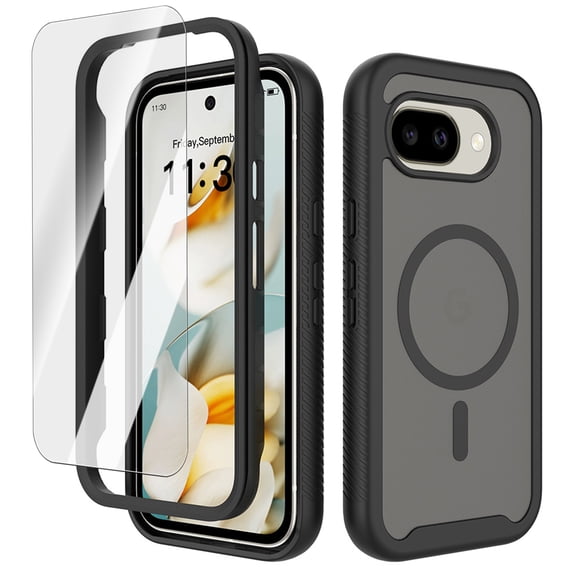 Dteck Magnetic Case with Tempered Glass Screen Protector for Google Pixel 10A,Shockproof Matte Translucent PC+TPU Case Compatible with Mag Safe Back Cover,Black