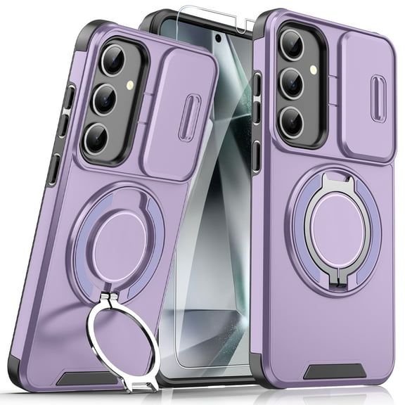 Dteck Magnetic Case with Tempered Glass Screen Protector for Samsung Galaxy A36 5G,Shockproof Hard Plastic Shell Phone Case with Phone Ring Grip Holder Kickstand/Slide Camera Cover,Purple
