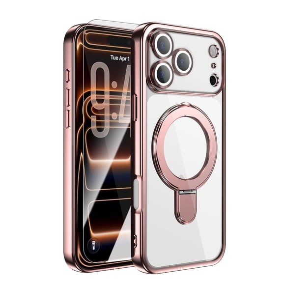 Dteck Magnetic Case with Tempered Glass Screen Protector for iPhone 17 Pro Max,Shockproof TPU+PC Ring Stand Case Compatible with MagSafe Full Camera Protection Plating Transparent Cover,Rosegold