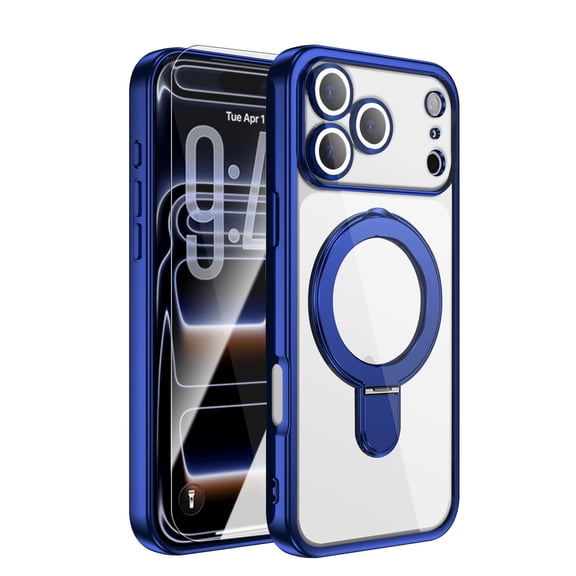 Dteck Magnetic Case with Tempered Glass Screen Protector for iPhone 17 Pro Max,Shockproof TPU+PC Ring Stand Case Compatible with MagSafe Full Camera Protection Plating Transparent Cover,Darkblue