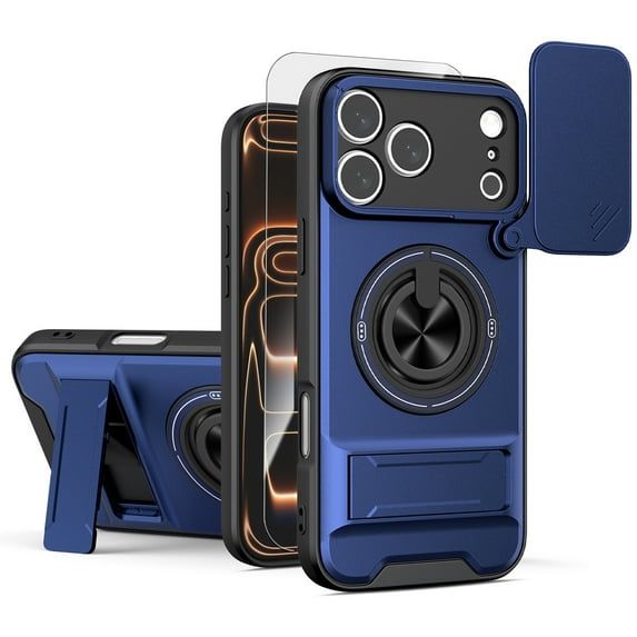 Dteck Magnetic Case with Tempered Glass Screen Protector for iPhone 17 Pro Max,Shockproof TPU+PC Slide Lens Protection Case Compatible with Mag Safe Ring Holder Hidden Kickstand Back Cover,Blue