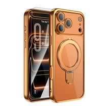 Dteck Magnetic Case with Tempered Glass Screen Protector for iPhone 17 Pro,Shockproof TPU PC Ring Stand Case Compatible with MagSafe Full Camera Protection Plating Transparent Cover,Orange