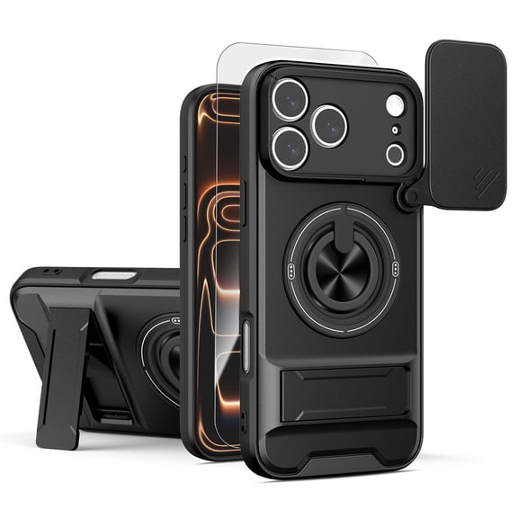 Dteck Magnetic Case with Tempered Glass Screen Protector for iPhone 17 Pro,Shockproof TPU+PC Slide Lens Protection Case Compatible with Mag Safe Ring Holder Hidden Kickstand Back Cover,Black