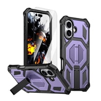 Dteck Magnetic Case with Tempered Glass Screen Protector for iPhone 17,Shockproof TPU PC Case Compatible with Mag Safe Kickstand Back Cover for iPhone 17,Purple