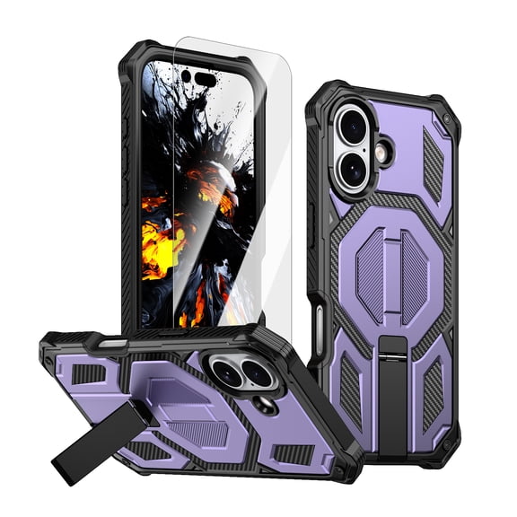 Dteck Magnetic Case with Tempered Glass Screen Protector for iPhone 17,Shockproof TPU+PC Case Compatible with Mag Safe Kickstand Back Cover for iPhone 17,Purple