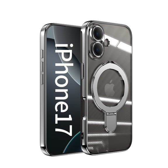 Dteck Magnetic Case with Tempered Glass Screen Protector for iPhone 17,Shockproof TPU+PC Ring Stand Case Compatible with MagSafe Full Camera Protection Plating Transparent Cover,Gray