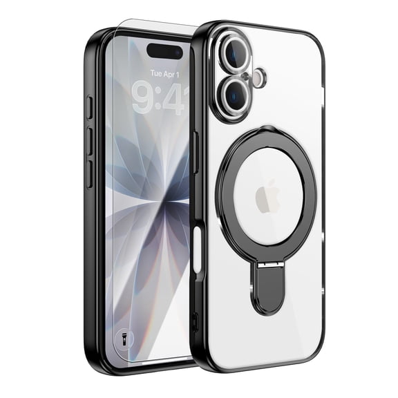 Dteck Magnetic Case with Tempered Glass Screen Protector for iPhone 17,Shockproof TPU+PC Ring Stand Case Compatible with MagSafe Full Camera Protection Plating Transparent Cover,Black