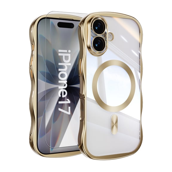 Dteck Magnetic Case with Tempered Glass Screen Protector for iPhone 17,Shockproof Wavy Clear Case Compatible with Mag Safe Electroplated TPU Cover for iPhone 17,Gold