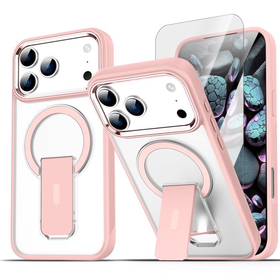 Dteck Magnetic Case with Tempered Glass Screen Protector for iPhone 18 Pro,Shockproof TPU+PC Compatible with Mag Safe Case Kickstand Translucent Matte Cover for iPhone 18 Pro,Pink