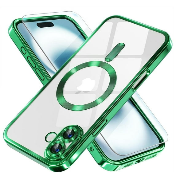 Dteck Magnetic Case with Tempered Screen Protector for iPhone 16 Plus,Shockproof TPU Transparent Case Compatible with MagSafe Full Camera Lens Protector Plating Back Cover,Darkgreen
