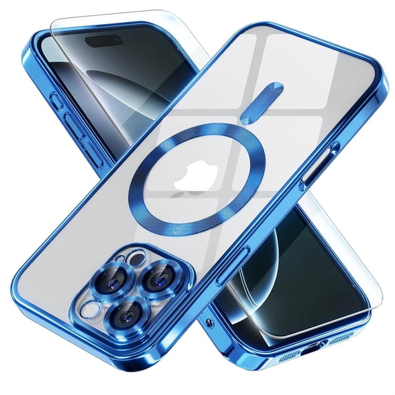 Dteck Magnetic Case with Tempered Screen Protector for iPhone 16 Pro,Shockproof TPU Transparent Case Compatible with MagSafe Full Camera Lens Protector Plating Back Cover,Darkblue