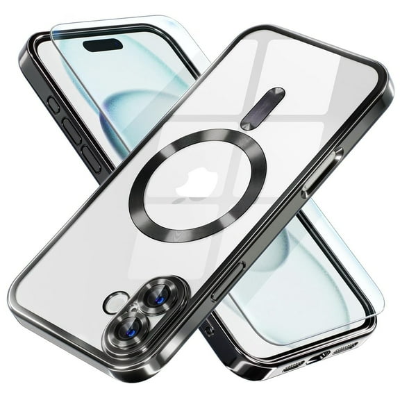 Dteck Magnetic Case with Tempered Screen Protector for iPhone 16,Shockproof TPU Transparent Case Compatible with MagSafe Full Camera Lens Protector Plating Back Cover,Black