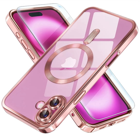 Dteck Magnetic Case with Tempered Screen Protector for iPhone 16,Shockproof TPU Transparent Case Compatible with MagSafe Full Camera Lens Protector Plating Back Cover,Pink