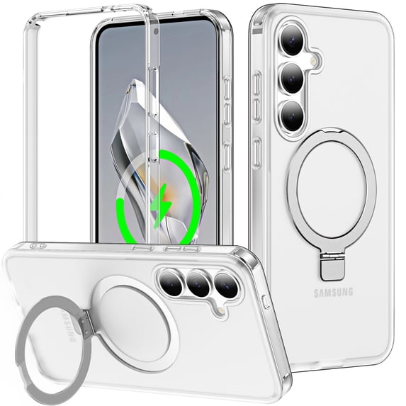 Dteck Magnetic Case for Samsung Galaxy S25 Plus,Shockproof Ring Holder Stand Case Compatible with Mag Safe Matte Translucent Back Cover,Frosted Clear