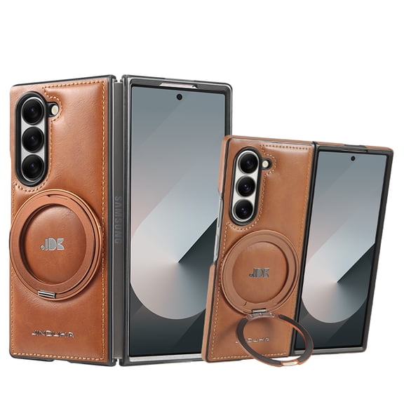 Dteck Magnetic Case for Samsung Galaxy Z Fold 7, Shockproof Premium PU Leather Case with Invisible Ring Stand Hard Back Phone Case, Brown