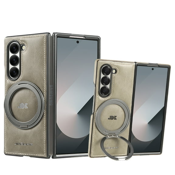 Dteck Magnetic Case for Samsung Galaxy Z Fold 7, Shockproof Premium PU Leather Case with Invisible Ring Stand Hard Back Phone Case, Gray