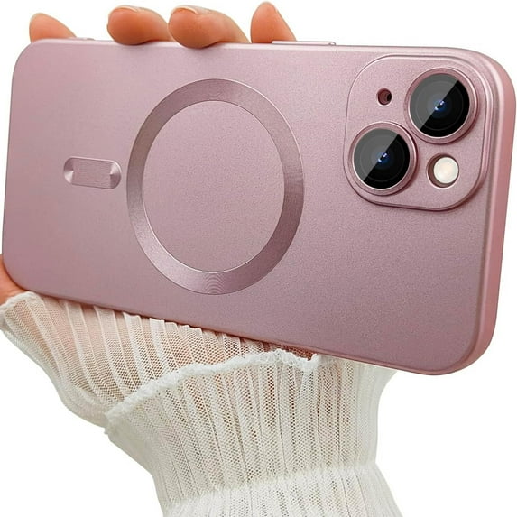 Dteck Magnetic Case for iPhone 15 Plus, Compatible with MagSafe, Matte Metallic Luster Design Slim Cover with Camera Lens Protector,Pink