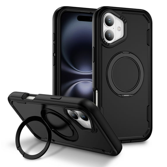 Dteck Magnetic Case for iPhone 16 Plus,Shockproof TPU Matte PC Case 360° Rotatable Ring Holder Kickstand Compatible with Mag Safe Back Cover,Black