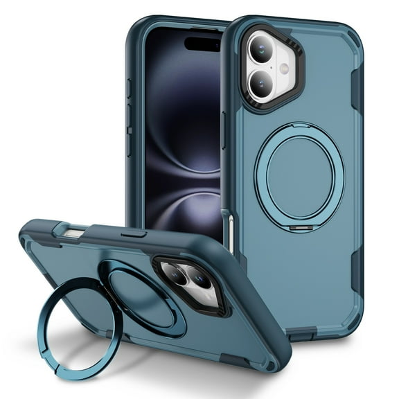 Dteck Magnetic Case for iPhone 16 Plus,Shockproof TPU Matte PC Case 360° Rotatable Ring Holder Kickstand Compatible with Mag Safe Back Cover,Blue