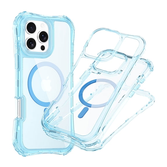 Dteck Magnetic Case for iPhone 16, Shockproof 3-Layer Military Grade Protection Clear Case Compatible with Mag Safe Back Cover with Wrist Strap,Blue