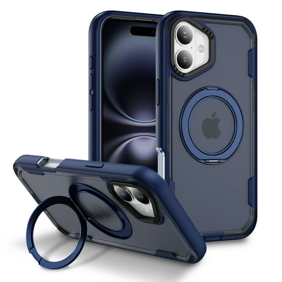 Dteck Magnetic Case for iPhone 16,Shockproof TPU Matte PC Case 360° Rotatable Ring Holder Kickstand Compatible with Mag Safe Back Cover,Navyblue