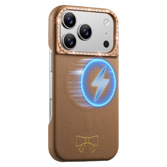 Dteck Magnetic Case for iPhone 17 Pro Max, Compatible with MagSafe, Ultra Thin Leather Protective Phone Cover with Diamond Camera Guard,Brown