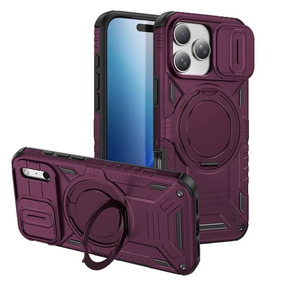 Dteck Magnetic Case for iPhone 18 Pro Max,Shockproof TPU PC Case Compatible with MagSafe Built-in Rotate Ring Kickstand Slide Lens Cover ,Cherryred