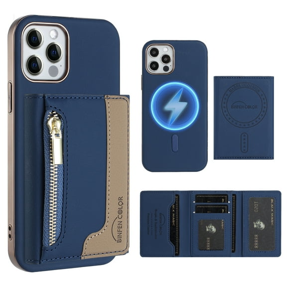 Dteck Magnetic Case for iPhone 11, 2 in 1 Wallet Case Detachable Card Holder, Compatible with MagSafe, Slim PU Leather RFID Blocking Credit Slots Zipper Pocket,Blue