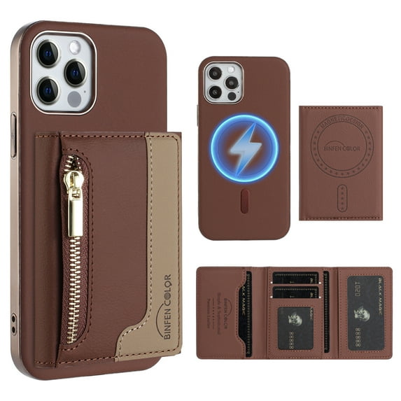 Dteck Magnetic Case for iPhone 11, 2 in 1 Wallet Case Detachable Card Holder, Compatible with MagSafe, Slim PU Leather RFID Blocking Credit Slots Zipper Pocket,Brown