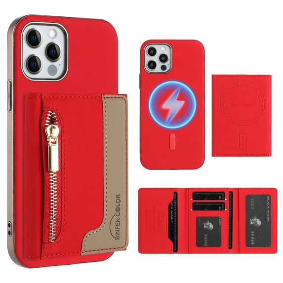 Dteck Magnetic Case for iPhone 11, 2 in 1 Wallet Case Detachable Card Holder, Compatible with MagSafe, Slim PU Leather RFID Blocking Credit Slots Zipper Pocket,Red