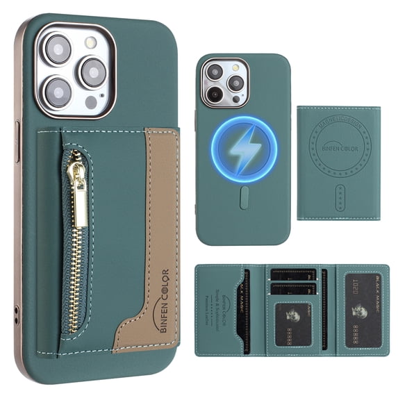 Dteck Magnetic Case for iPhone 11 Pro Max, 2 in 1 Wallet Case Detachable Card Holder, Compatible with MagSafe, Slim PU Leather RFID Blocking Credit Slots Zipper Pocket,Green
