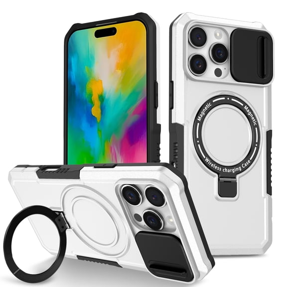 Dteck Magnetic Case for iPhone 11 Pro,Shockproof Silicone Case Compatible with MagSafe Slide Lens Protectio Ring Holder Kickstand Cover for iPhone 11 Pro,White