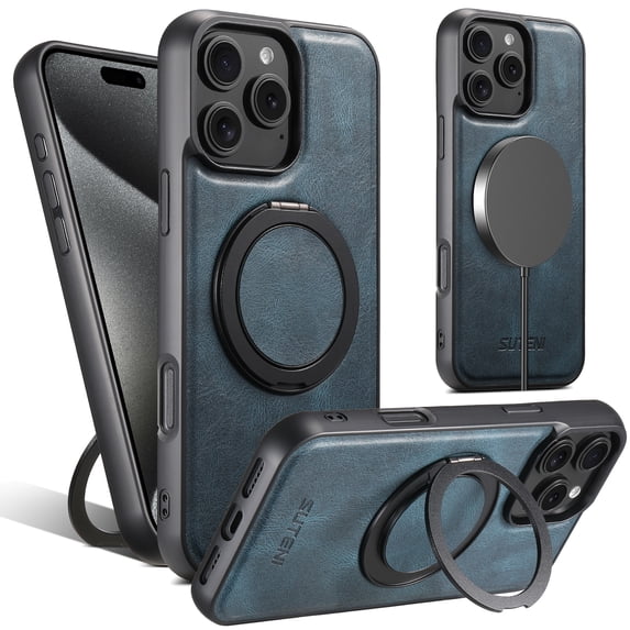 Dteck Magnetic Case for iPhone 12 Pro Max,Luxury Business Leather+Rubber Case Compatible with MagSafe Shockproof Ring Holder 360° Rotatable Kickstand Cover,Blue